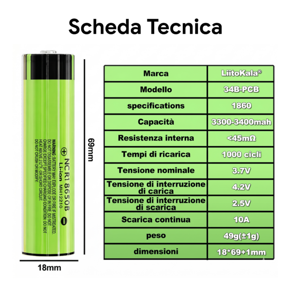 Batteria ricaricabile 18650 3.7V LiitoKala Lii-34B 3400mAh – Button Top