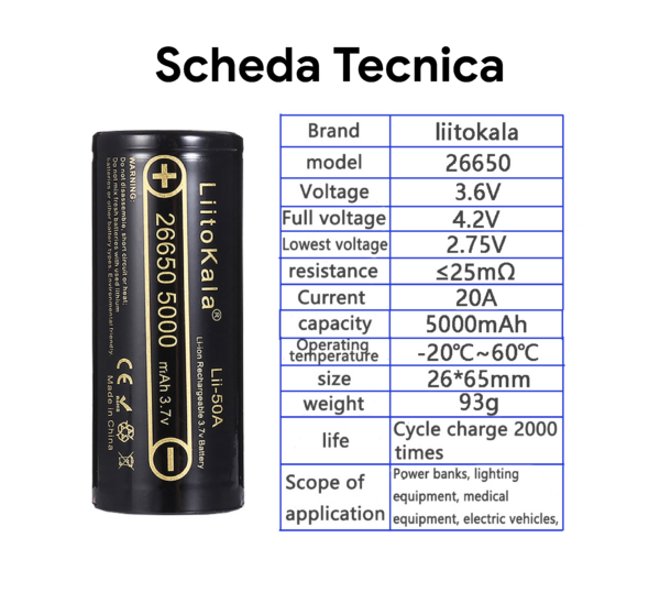 Batteria Ricaricabile 26650 Liitokala 50A-JT 5000mAh - Button Top