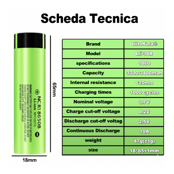 Batteria ricaricabile 18650 3.7V LiitoKala Lii-34B 3400mAh - Testa Piatta (Flat Top)