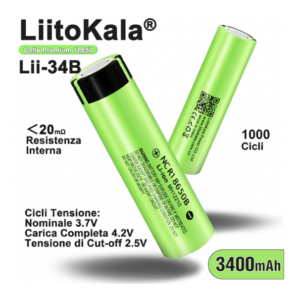 Batteria ricaricabile 18650 3.7V LiitoKala Lii-34B 3400mAh - Testa Piatta (Flat Top)
